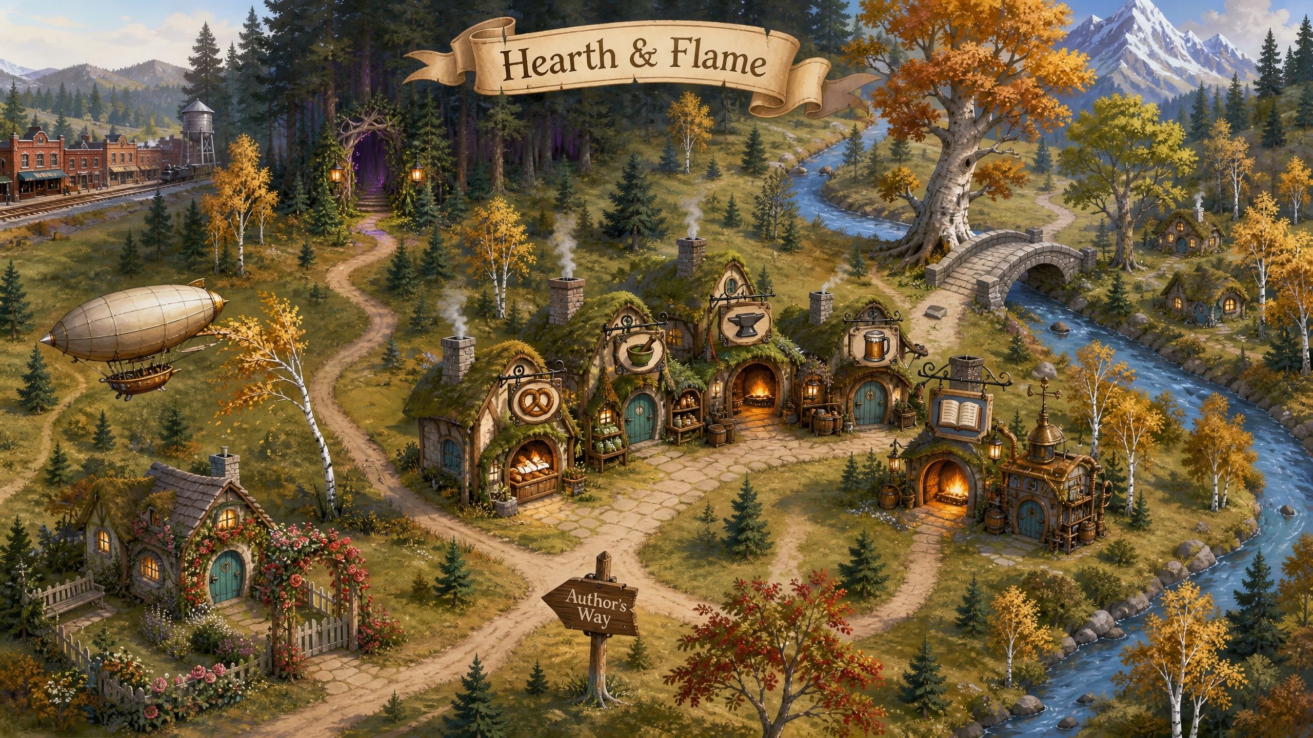 A painted storybook map of Hyggelik Hollow in autumn: a village of round-doored shops, a rose cottage, a violet archway into dark woods, a railroad town in the distance, a stone bridge over the Current, and cottages on the far bank.